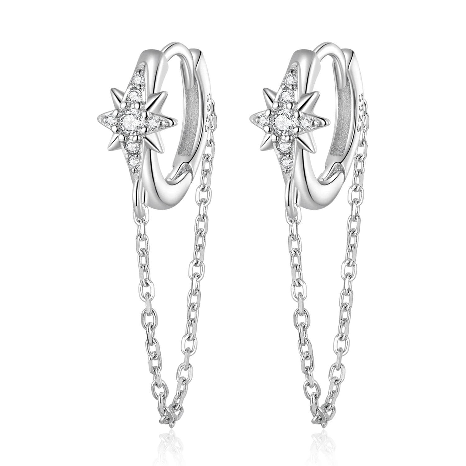 Wholesale 925 Sterling Silver Star Hoop Earrings Long Tassel Ear Buckles Pave Setting CZ for Women Fine Jewelry BSE699