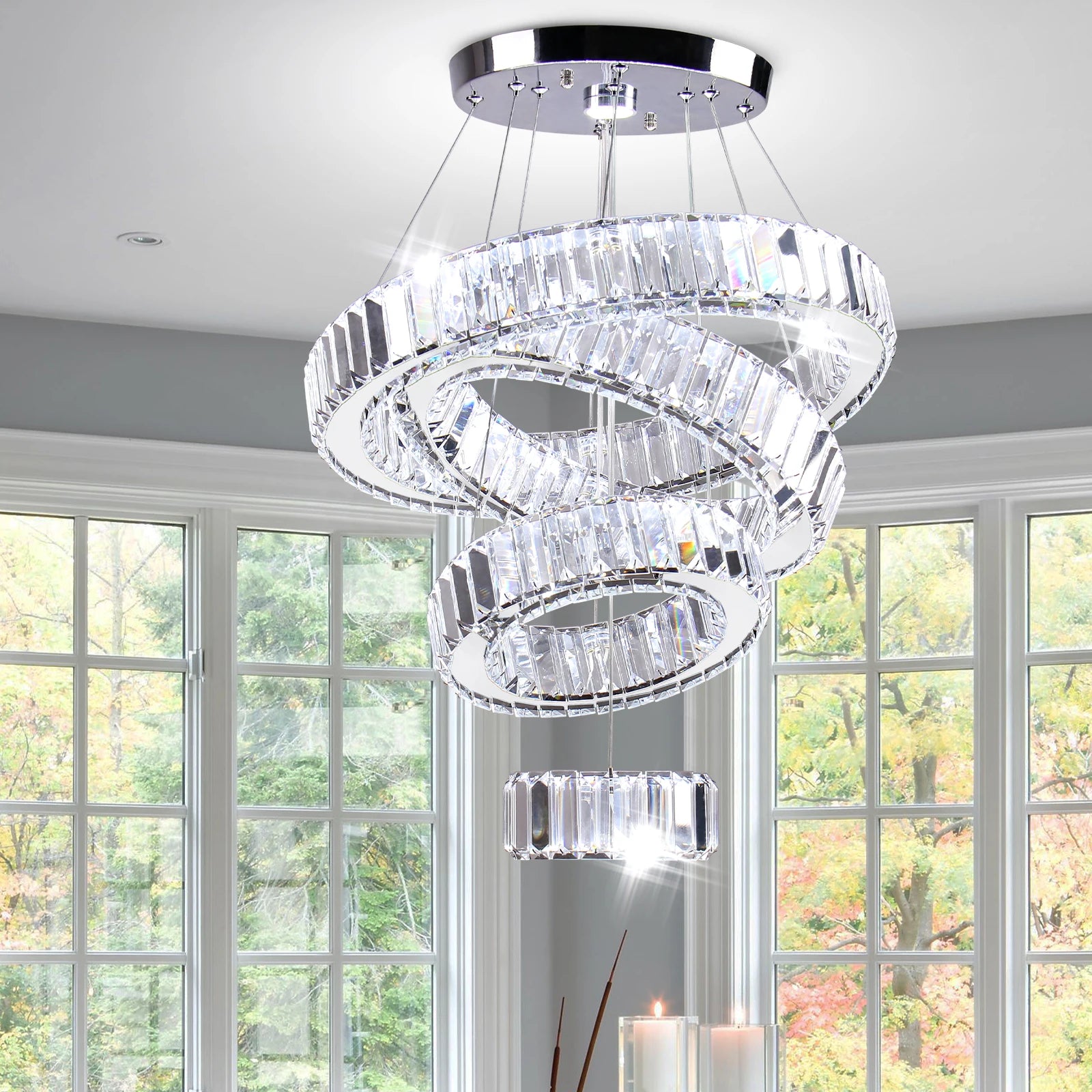 Modern 4-Ring Cool White Pendant Chandelier for High Ceilings for Dining & Living Room AC Powered Home Decor