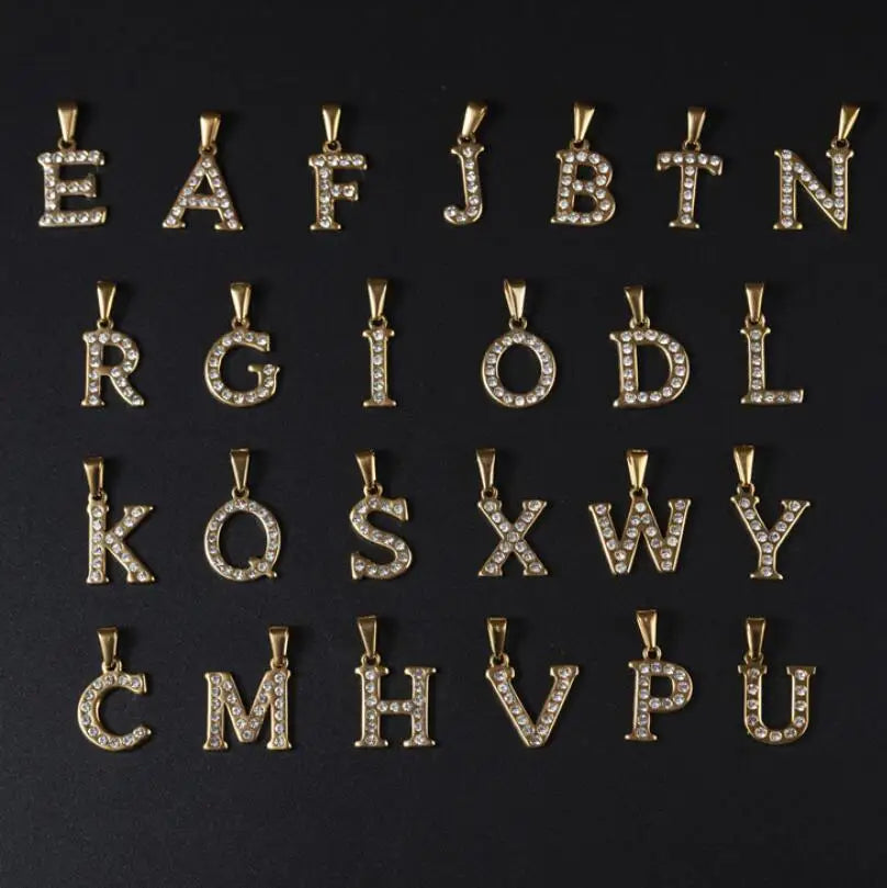 Fashion Rhinestones 26 Initials Letter Pendants Inlaid Diamond Letter Charm Stainless Steel 18K Gold Zircon Alphabet Pendant