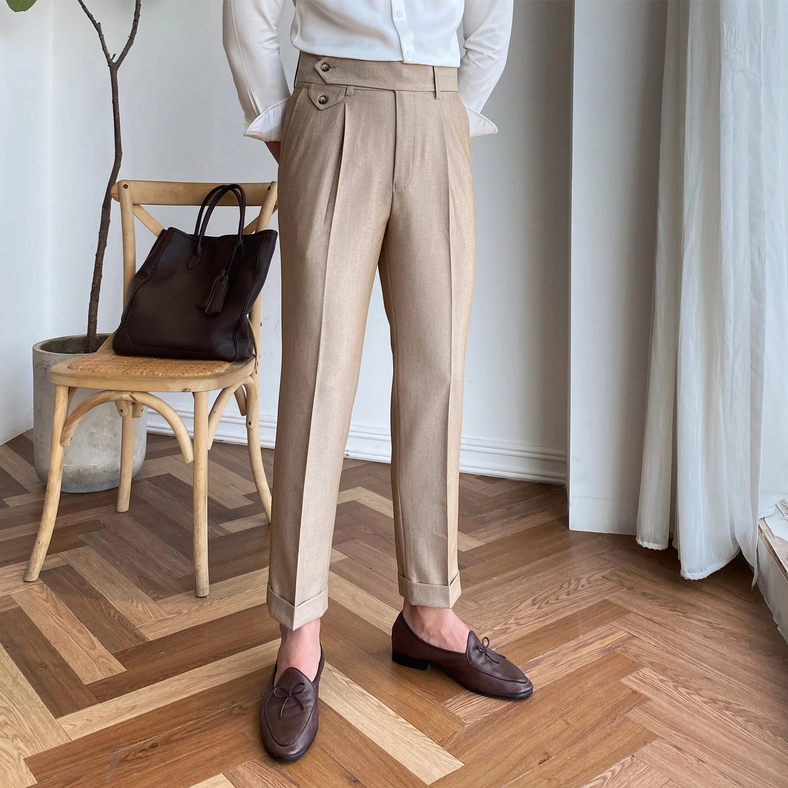 Fashion Joker in High Waist Straight Hanging Casual Pants Solid Color Business Simple Men's Straight Suit Trousers