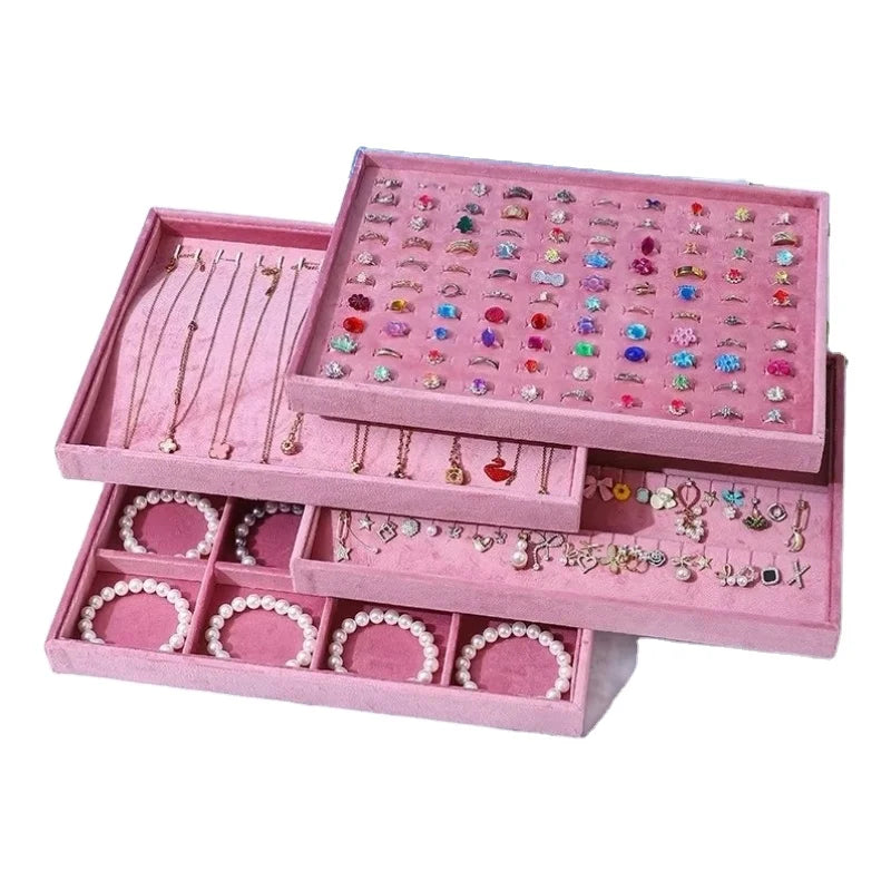 Jewelry Store Pink Series Velvet Wood Jewelry Rings Earrings Display Tray Organizer Holder