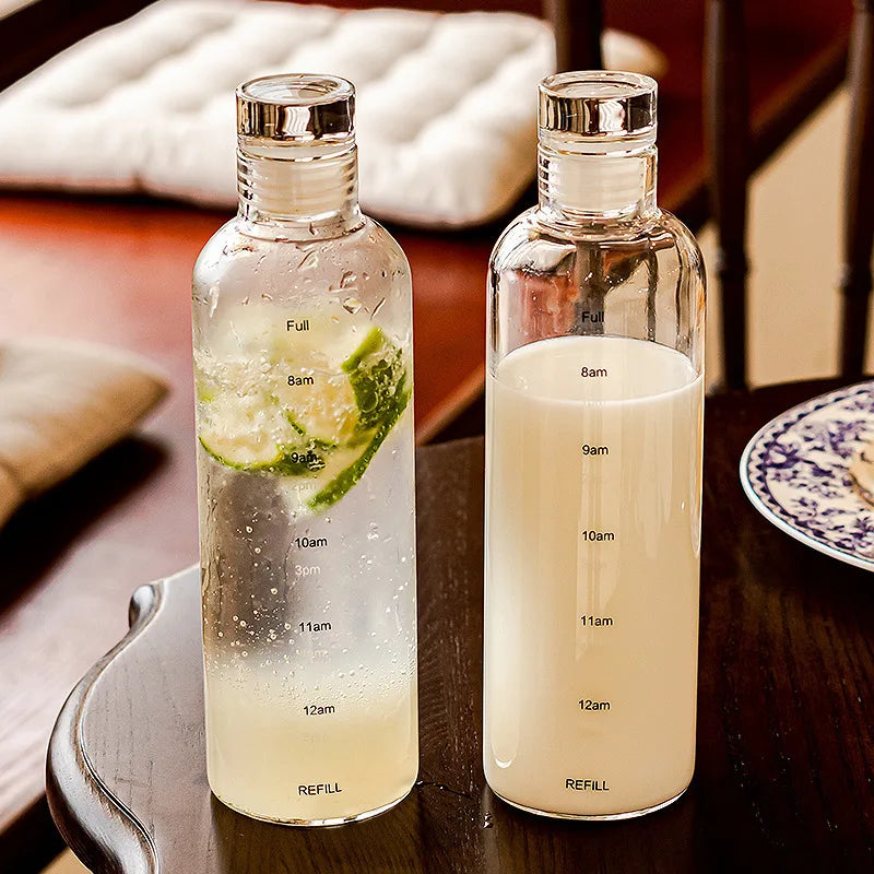 Customized  300ml 500ml 750ml 700ml 1000ml High Borosilicate Glass Water Bottle With Scalefor Travelling