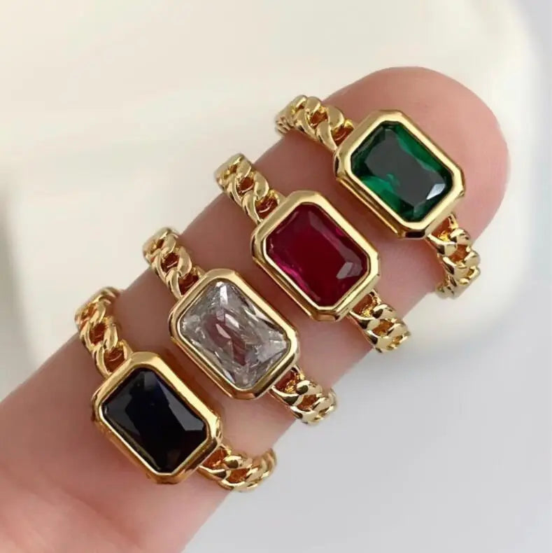 Vintage Personalized Stainless Steel Rainbow CZ Diamond Ring Rectangle Square Zircon Gold Signet Ring