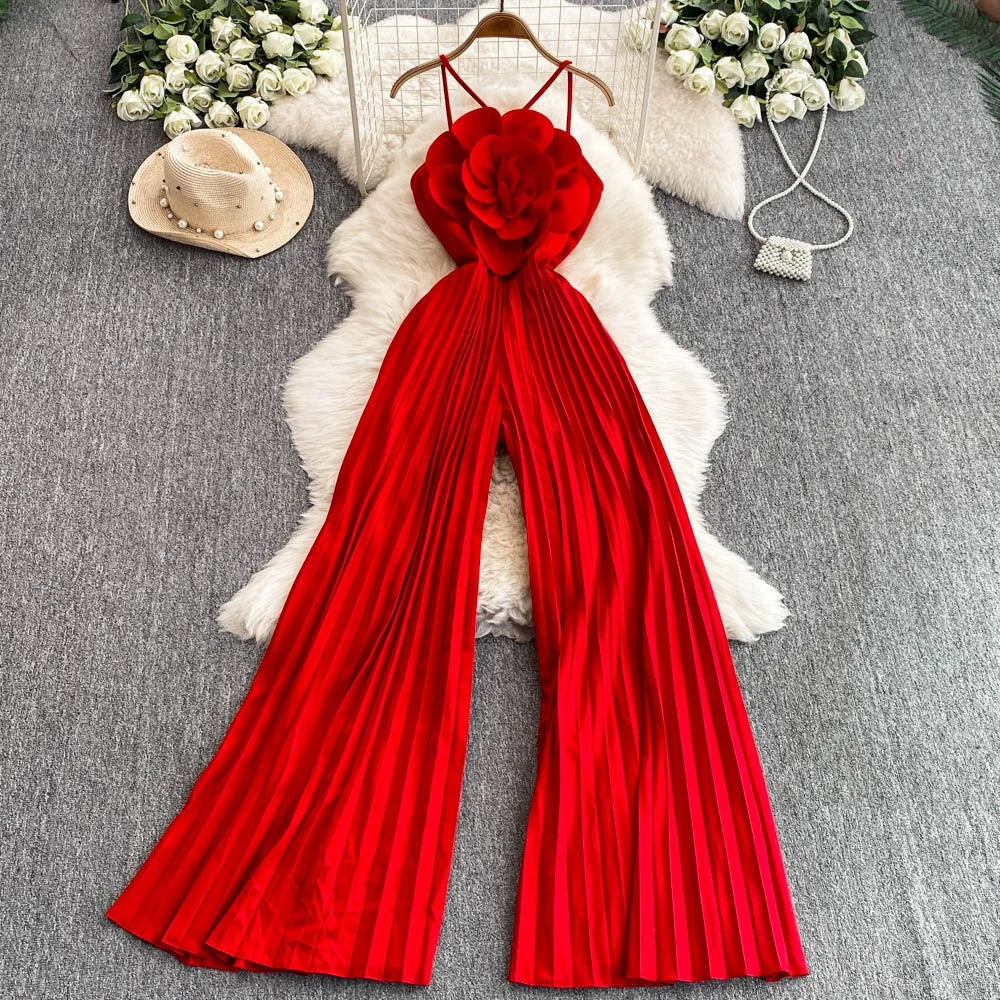 Beach Vacation Super fairy Three-dimensional Flower Jumpsuit Women's Summer High Waist Slimming Halter Pleated Wide Leg Pants