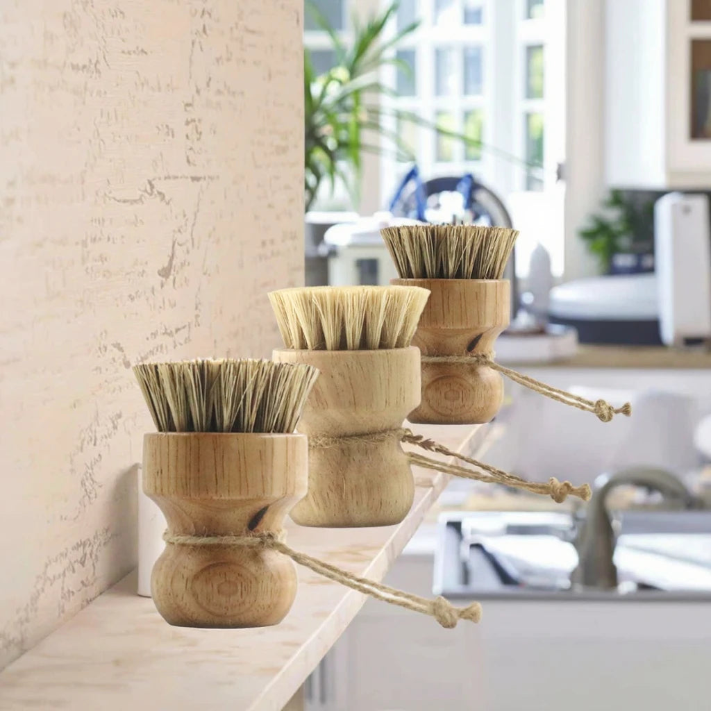 Small Wooden Bamboo Brush with Natural Coconut Fibre Sisal Hemp Bristle for Kitchen for Cleaning Pots Bowls and Bottles