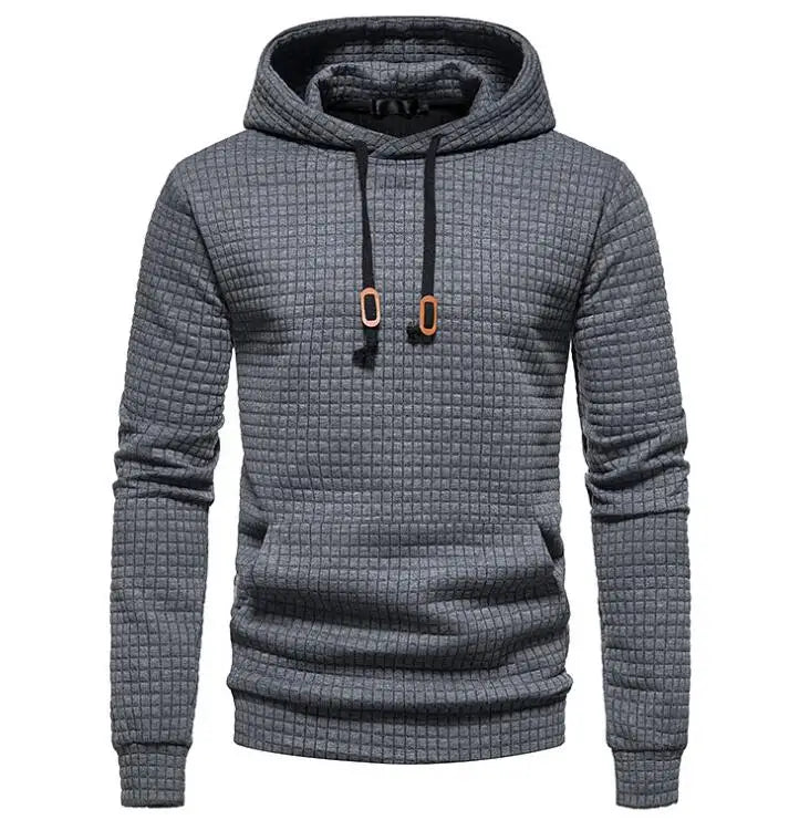 Men's Casual Pullover Jacquard Hoodie Solid Color Male Plaid Quilted Cotton Sweatshirt With Hooded