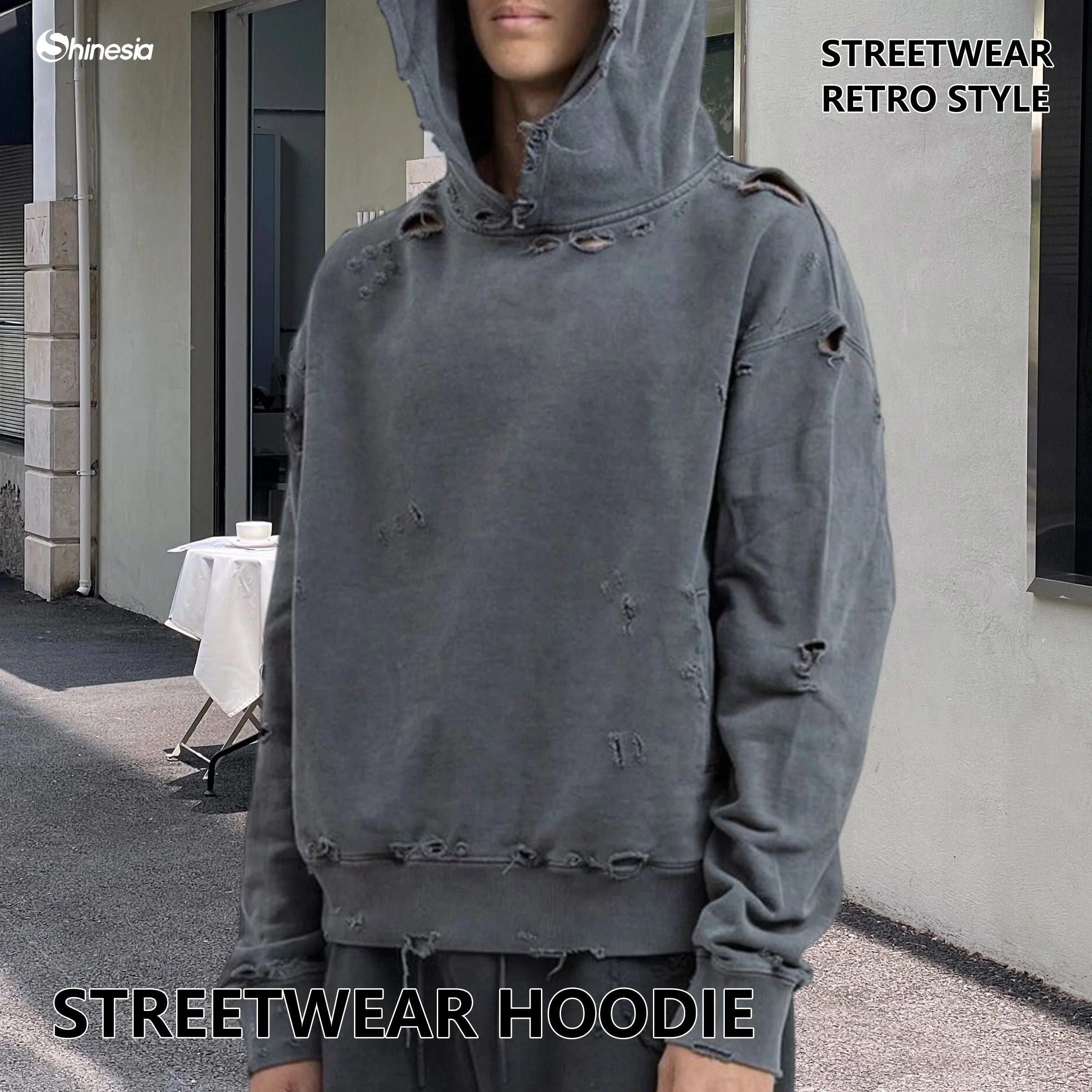 Streetwear Oversized Washed Sweatshirt Custom Embroidered LOGO 100% Cotton Heavy Weight Vintage Boxy Raw Hem Distressed Hoodie