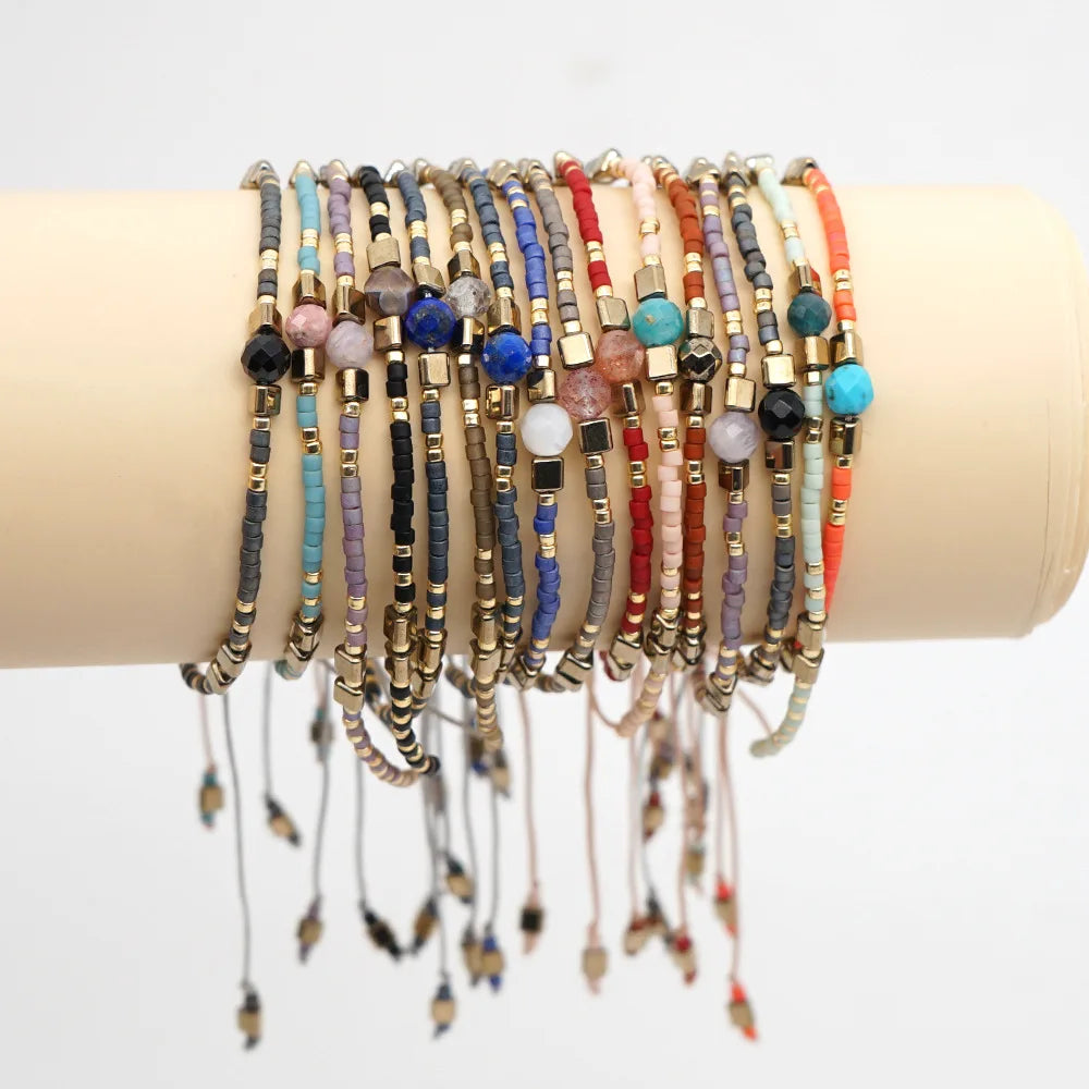 Customized Simple Women's Bracelet Hand Woven Friendship Rope Iron Gall Semi Gem Miyuki Seed Bead Bracelet Jewelry