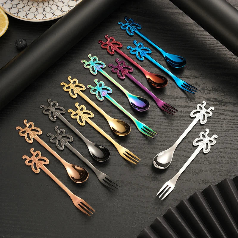 Stainless Steel Coffee Spoon Creative Butterfly Handle Spoon Fruit Fork for Stirring Drink Mixing Milkshake Jam