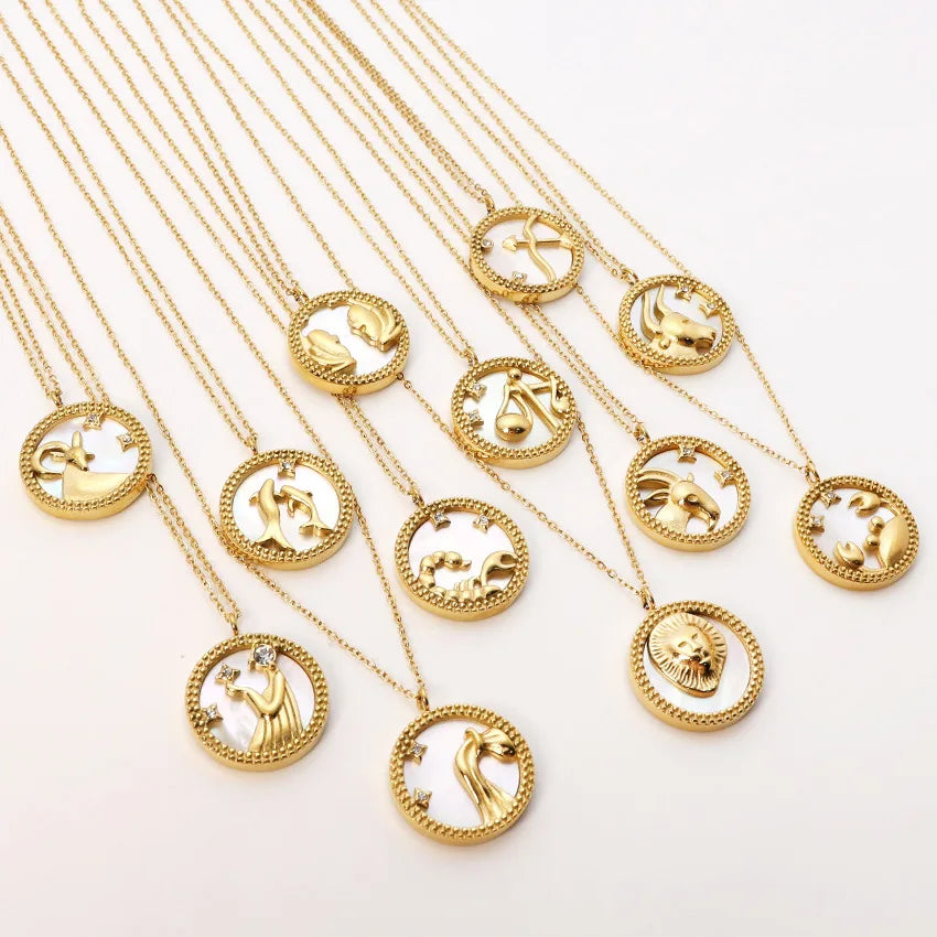 Popular Stainless Steel Gold Plated Horoscope Necklace Inlaid Zircon Shell 12 Zodiac Necklace for Birthday Gift