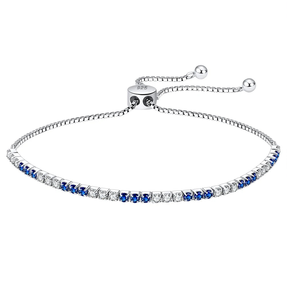 RINNTIN SB151 Classic 925 Sterling Silver Rhodium Plated Blue&White AAAA CZ Chain Bracelet Women's Adjustable Tennis Bracelet