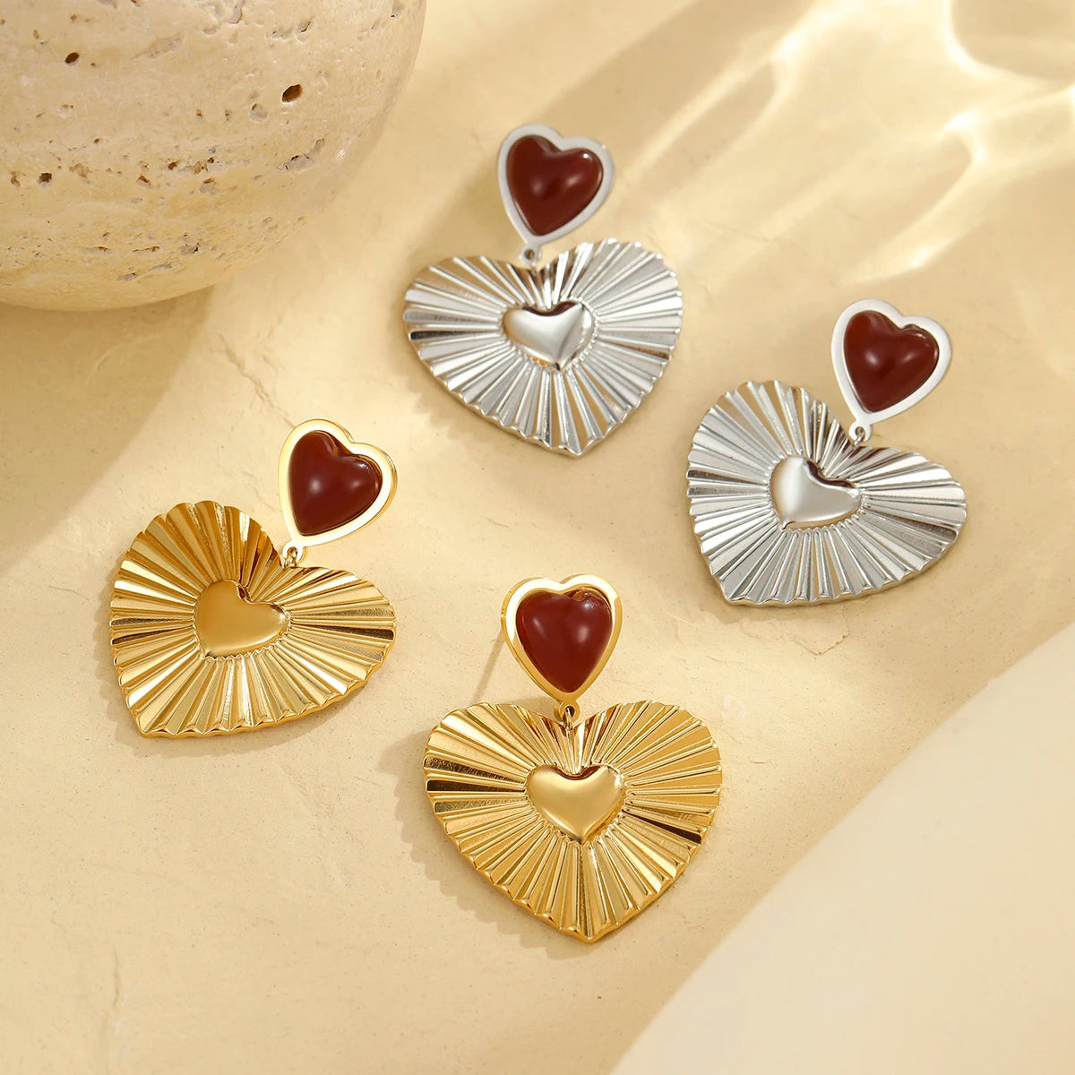 18k Gold Red Heart Drop Earrings Women Stainless Steel Dangle Hypoallergenic Statement Heart Pendant Jewelry