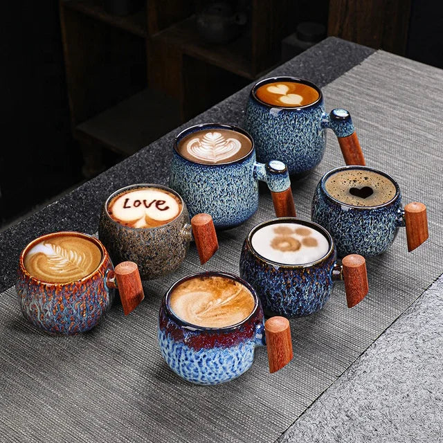 Trending Products 2021 New Arrivals Potbelly Milk Mug for Latte Cappuccino Espresso Coffee Cups Ceramic Cup With Wooden Handle
