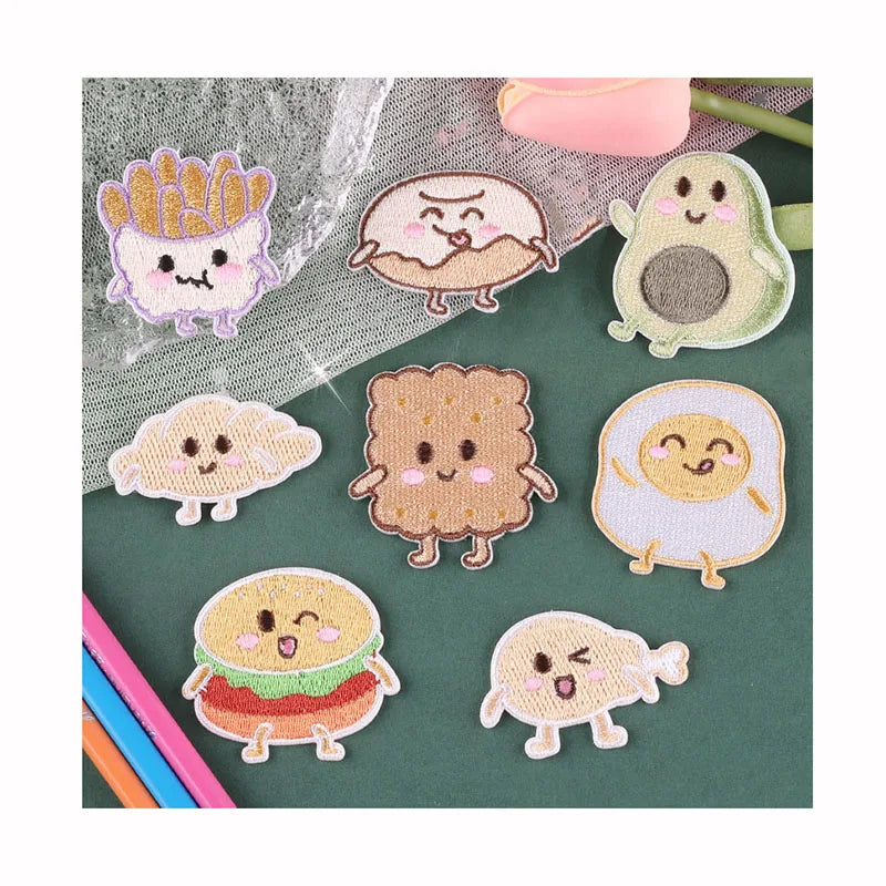 Hot Self-adhesive Clothing Snack Fries Burger Motif Patches for Stationery Box Notebook Diy Shoe Custom Embroidered Garment Patch