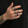 9Pcs/Set Gothic Hollow Oil Drop Open Star Rings for Women Trendy Ladies Street Wear Finger Ring Fashion Jewelry Accessories Gift