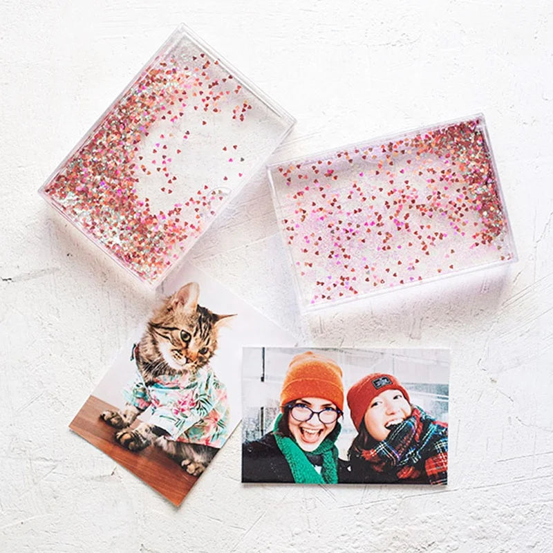 Customized 6-Inch OEM Factory Promotional Gift Floating Heart Shape Pink Glitters Photo Frame with Custom Photo