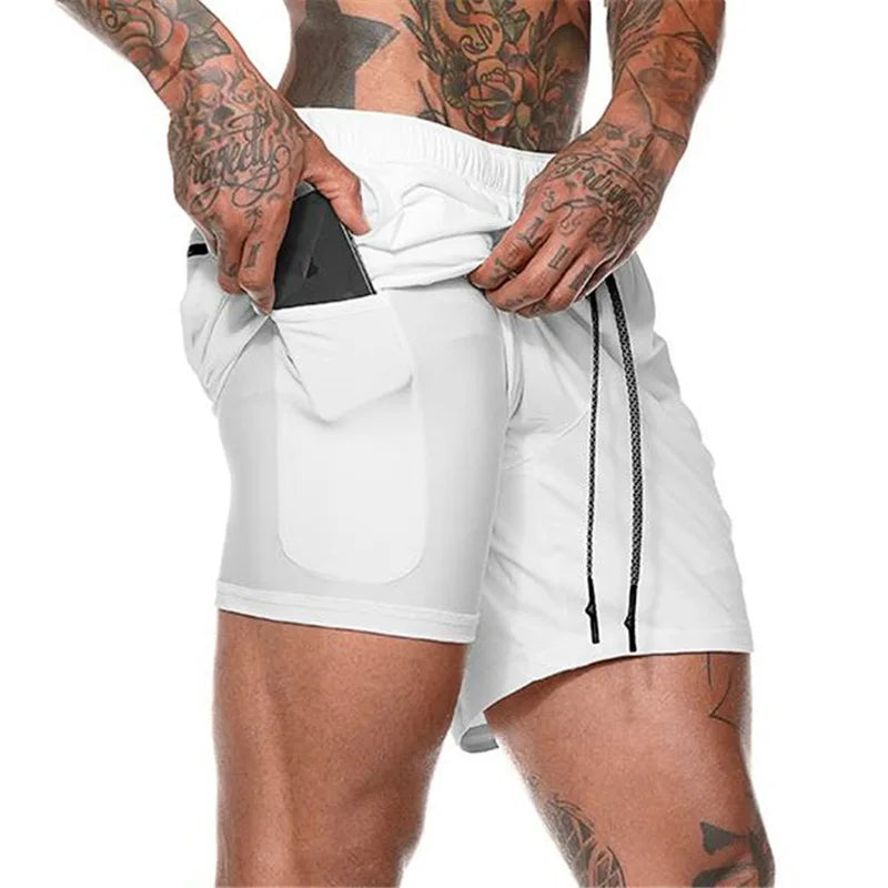 Men's Custom Logo Double Layers Polyester Athletic Shorts Mid Waist Workwear Print for Casual Workout Fitness Gym Training