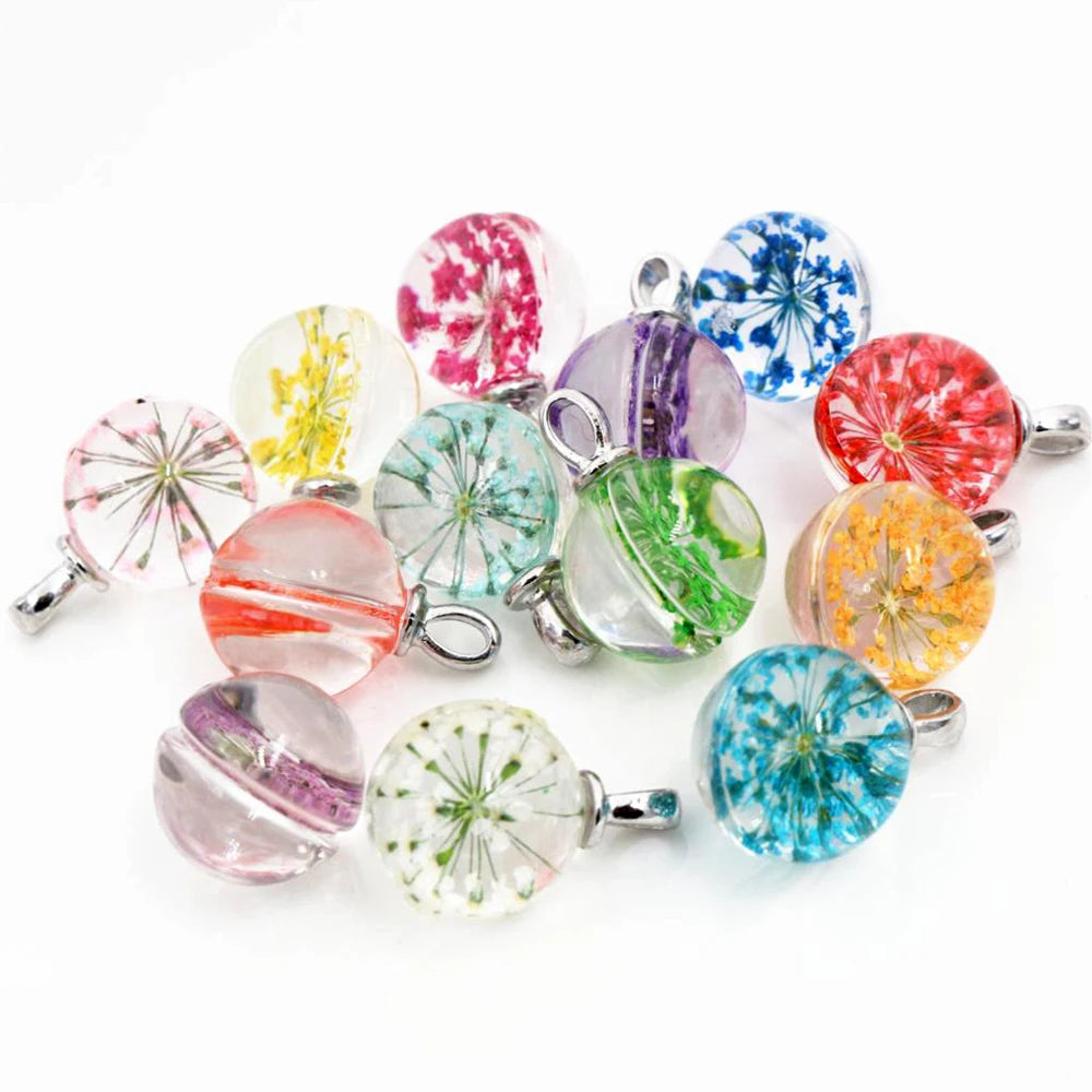 5pcs/Lot 19x15mm Hot Sale Jewelry Crystal Glass Real Mix Colors Dried Flower Ball Necklace Pendant;For WomenGirl Gifts