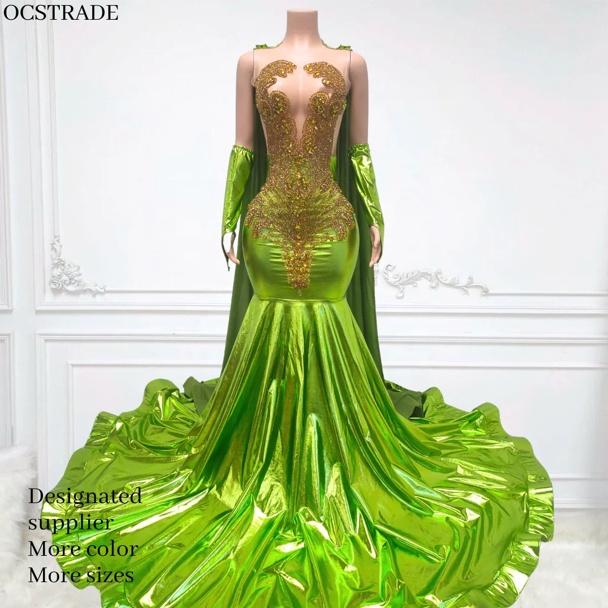 Ocstrade 2024 Para Mujeres Glitter Evening Ball Gown Rhinestone Crystal Sexy Mesh Golden Green Elegant Prom Dress With Gloves