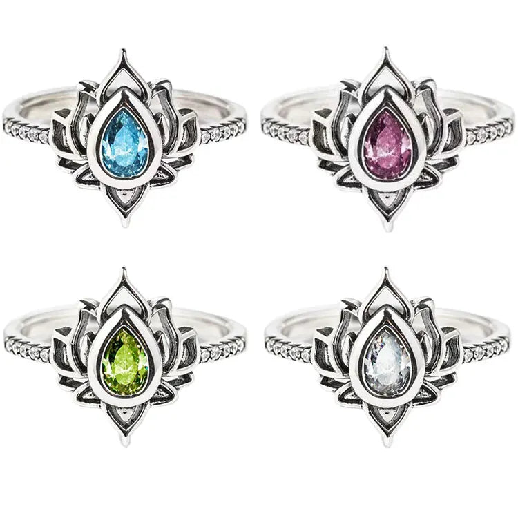 SC Fashion Silver Plated Jewelry Rings Waterdrop Zircon Rings Women Adjustable Retro Hollow Lotus Rings for Daughter