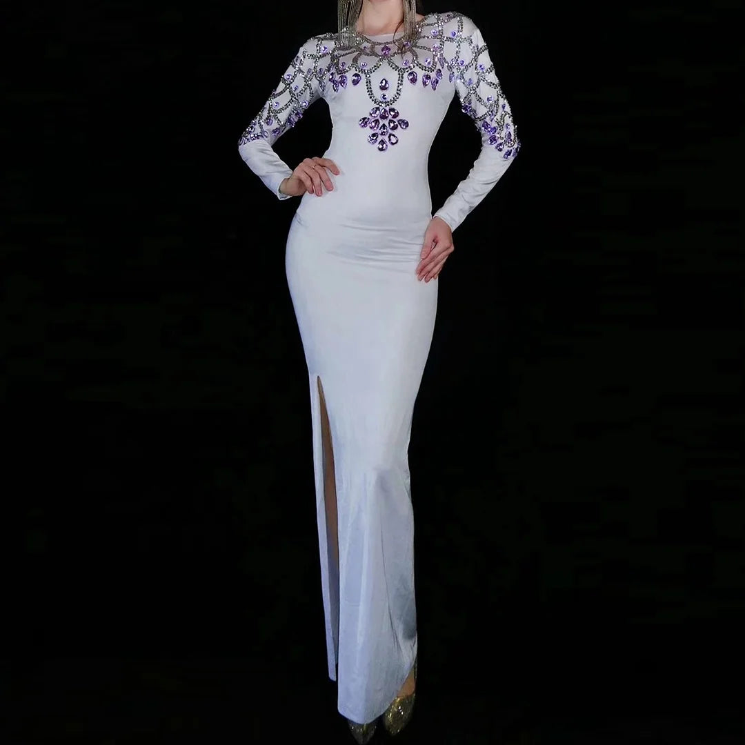 Elegant Long Sleeves Crystal Evening Prom Dinner Long Dress Women Floor Length Birthday Graduation Party Bodycon Dress Club Wear