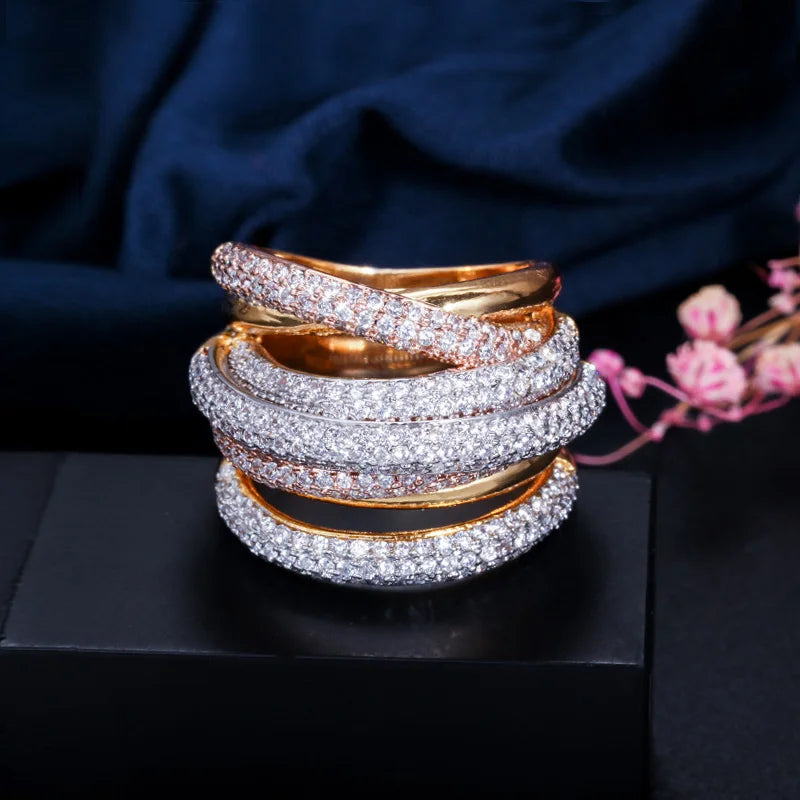 Geometry 18k Gold Plated Shiny White Cubic Zirconia Stones Pave Big Luxury Wedding Rings Jewelry for Women Engagement Bridal