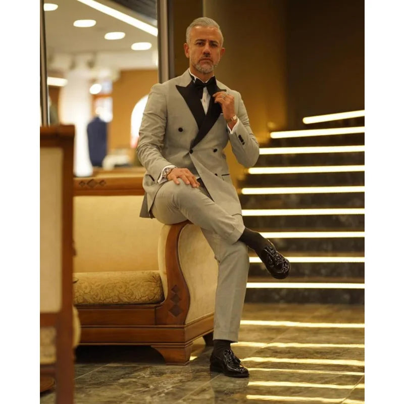 Men's Suits Tailored 2 Pieces Gray Blazer Pants Double Breasted Black Satin Lapel Plus Size Tuxedo Custom Made