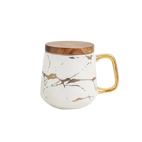 Creative Promotional Gift High End Premium Quality Marble Black White 400ml Ceramic Coffee Mug With Golden Handle & Spoon Set