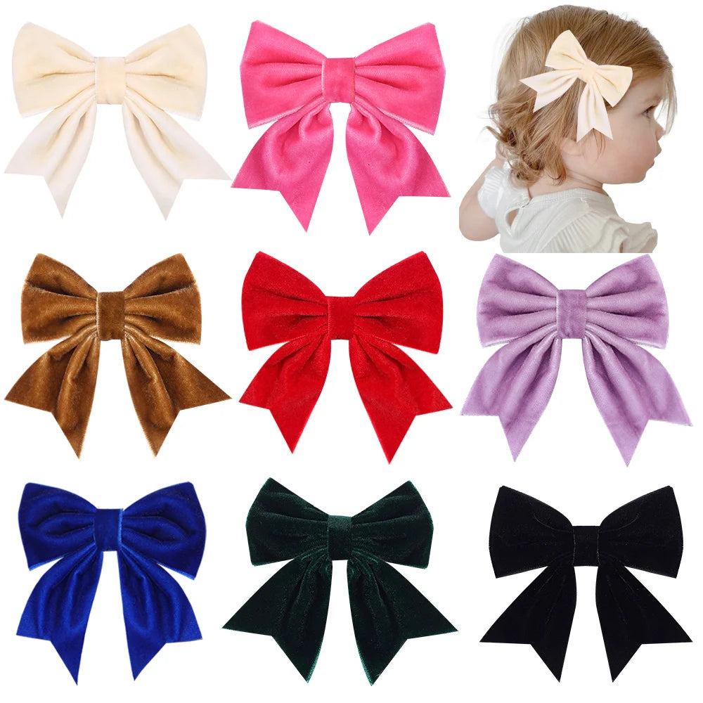 CN 4Inch Solid Color Velvet Hair Bow Boutique Kids Hair Clip Winter Sailor Hair Cllip
