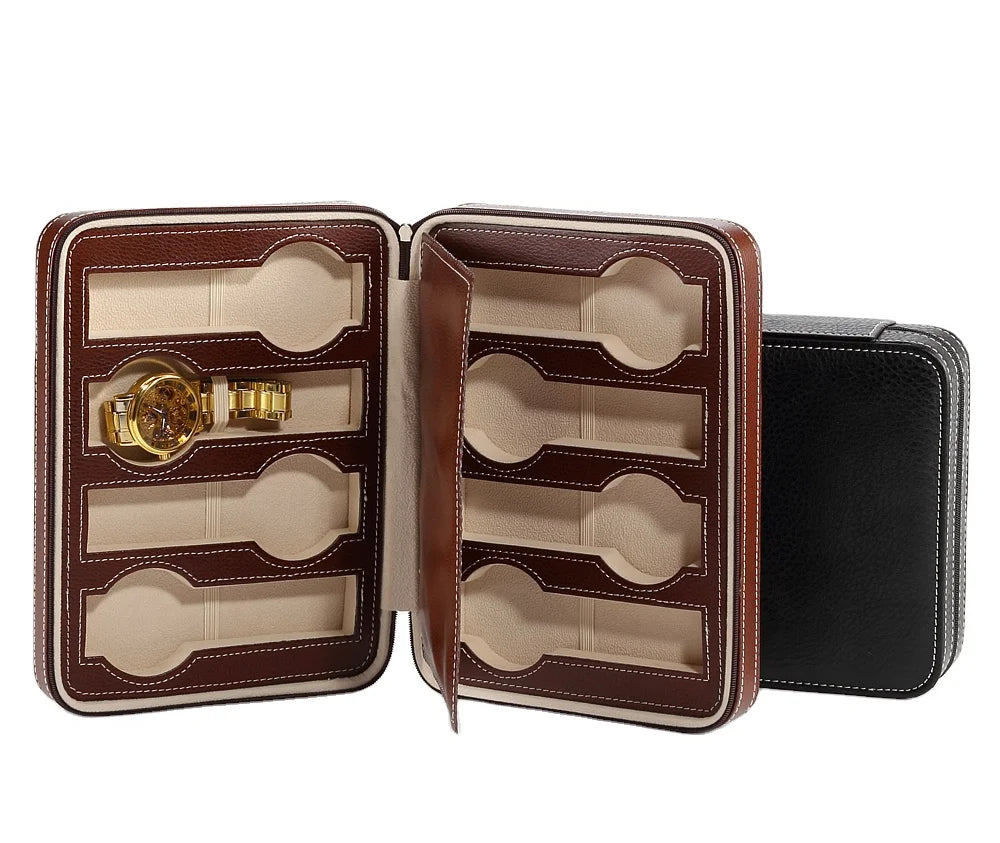 Portable 8 Slot Zipper PU Leather Watch Storage Organizer Collection Travel Case Box