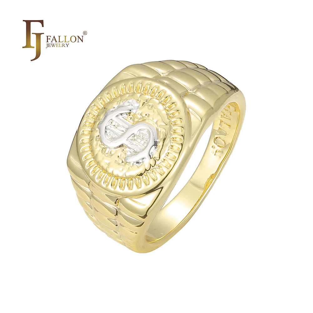 FJ Fallon Fashion Jewelry Rings With a Silver Dollar Sign Plated in 14K Gold Two Tone Brass Based