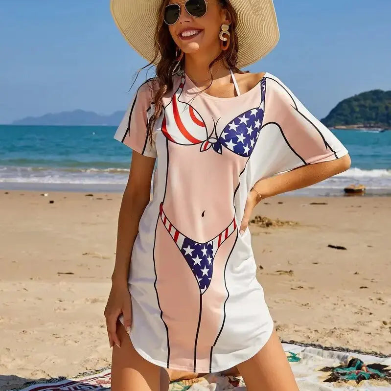 Women's Bikini Print Funny T Shirt Short Sleeve Loose Swimwear Cover up Cute Baggy Fun Wear Dress