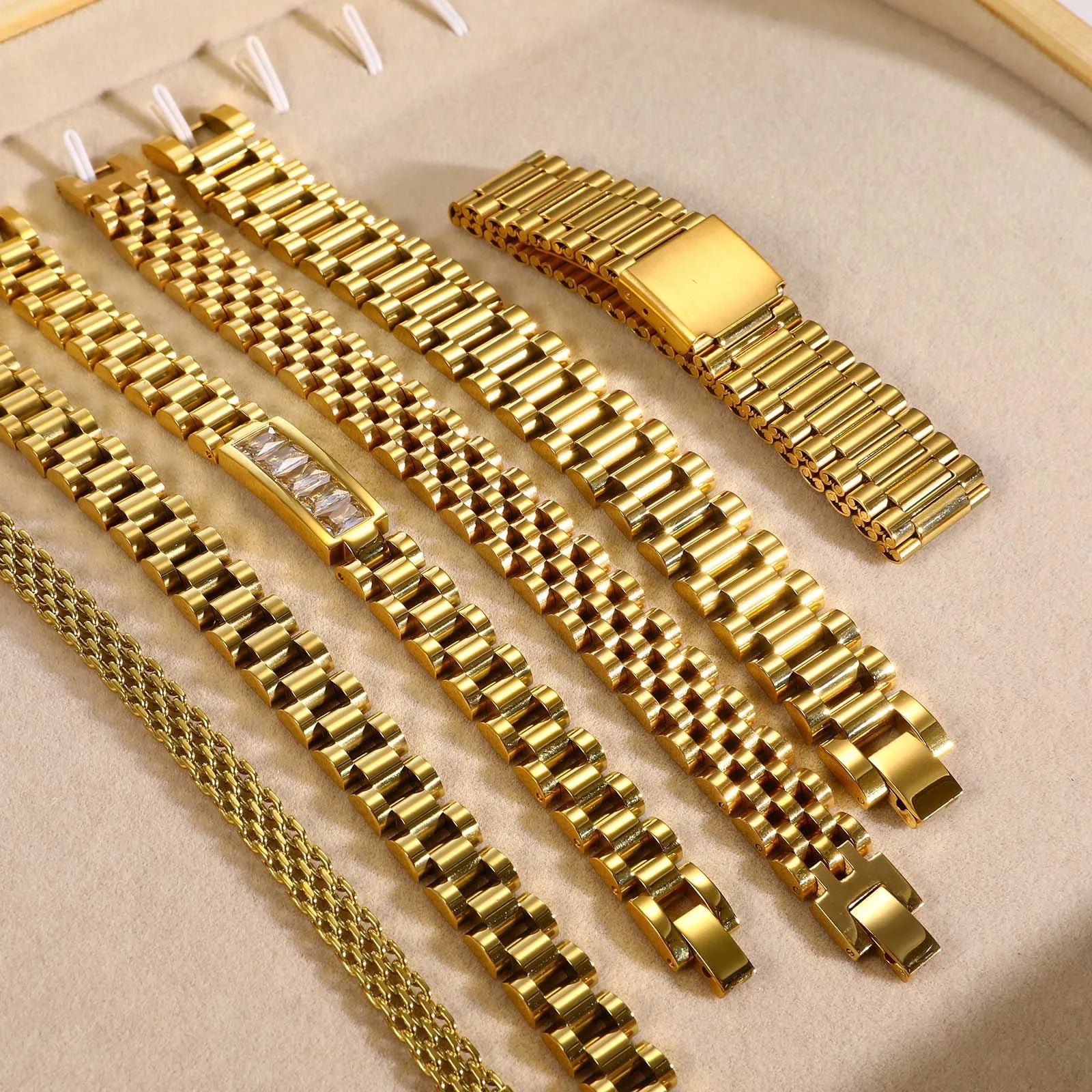 Tarnish Free Jewelry Pulsera Statement Gold Plated Wrist Link Bracelet Stainless Steel Strap Watch Band Chain Bracelet Unisex