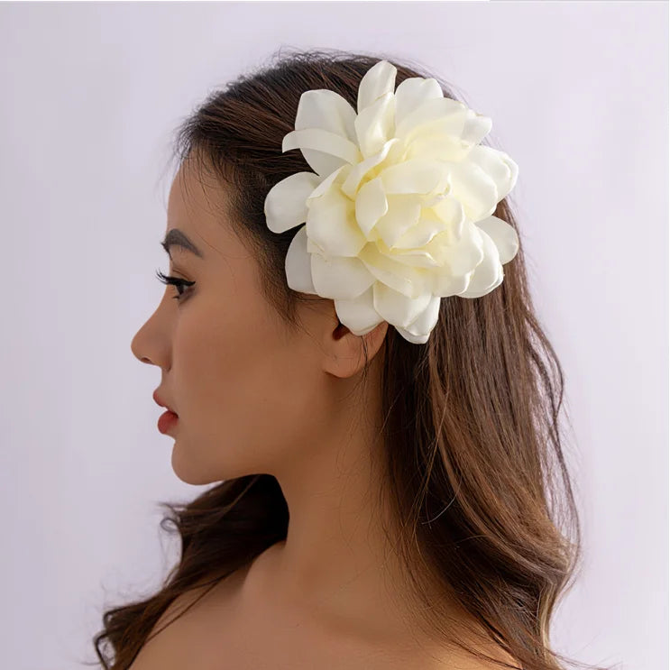 Big Fabric Satin White pink Rose Flower Hair Band Hair Clip for Women Wed Bridal Boho Makeup Hairpin Dance Prom Hair Accessories