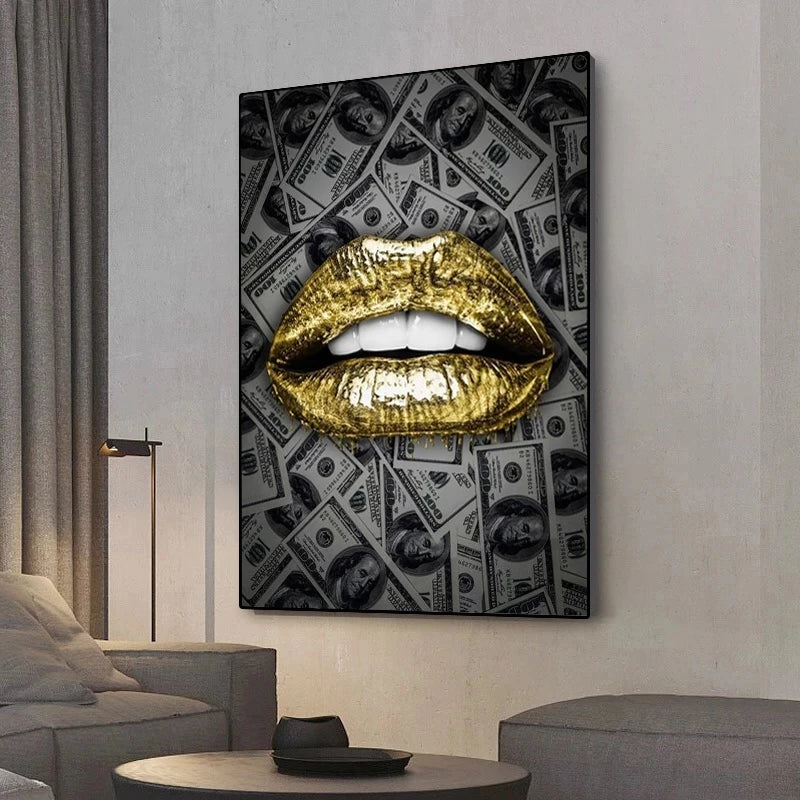 Luxury Money Lips Wall Poster Print Pictures Modern Custom Canvas Wall Art Oil Painting
