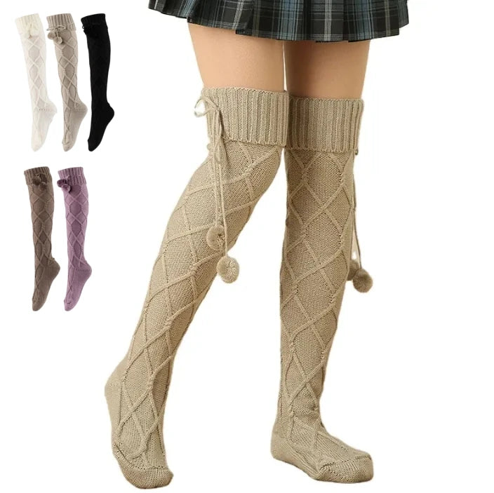 Wholesales New Arrival Popular  Bobble Style Thigh High Pile-up Sock Over the Knee Knitted Warm Pom-pom Slouch Socks for Women