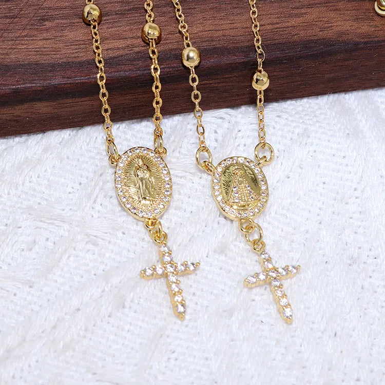 NZ1435 Dainty Gold Plated CZ Virgin Mary Rosary Necklace Rosario Lady De Guadalupe Catholic Jewelry Zircon Gold Rosary Necklace