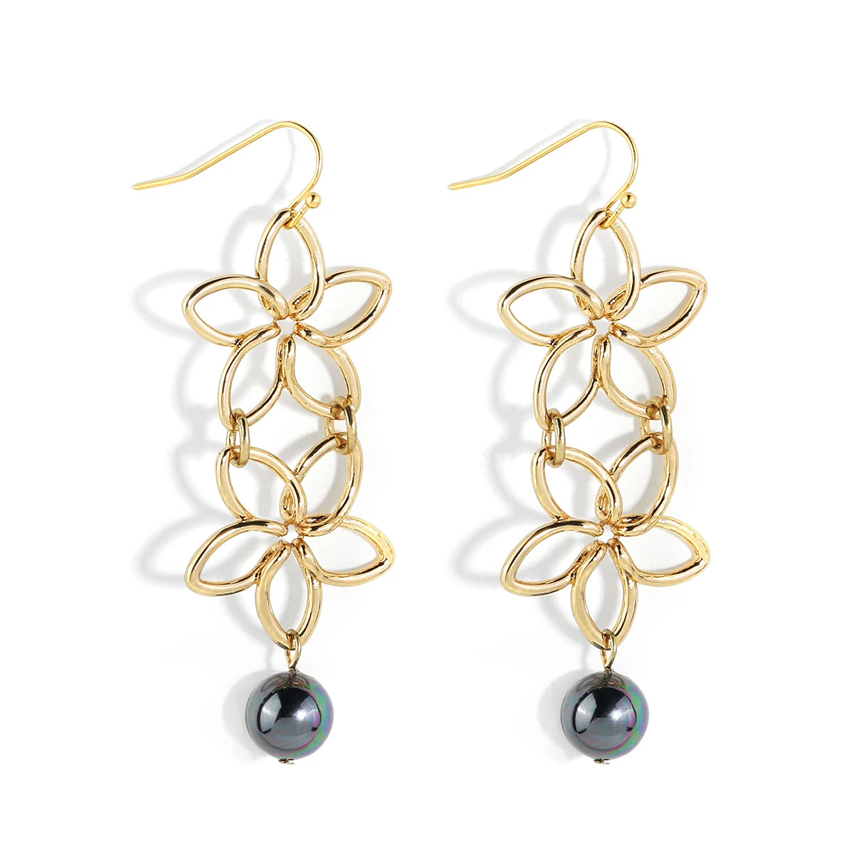 Hawaiian Fashion Jewelry 18k Gold Plating Flower Earrings Stock Double Flower Shell Pearl Beads Drop Earrings for Women Party