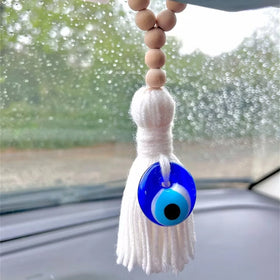 Malocchio Amulet Car Rearview Mirror Hanging Ornament Wooden Bead Tassel Good Luck Car Interior Door Decor Gift