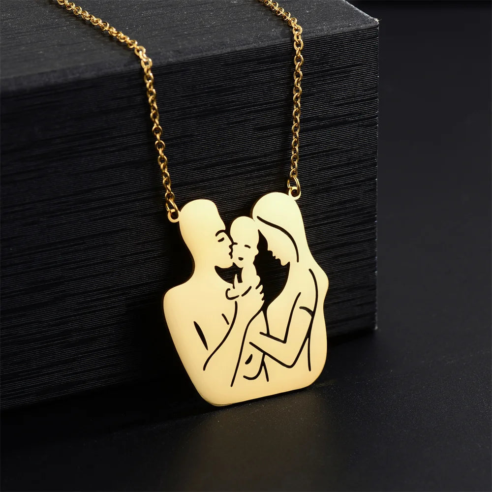 Custom Family Pendant Gold Plated Color Stainless Steel Necklace a Family of Three Parent-child Pendants for Mothers