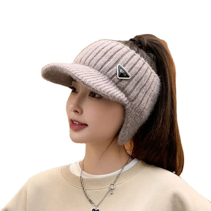 Elastic Knit Visor Hat for Women Chic Sports Hat Baseball Cap With Fluffy Warm Earmuffs for Cold Weather Backless Visor Hat