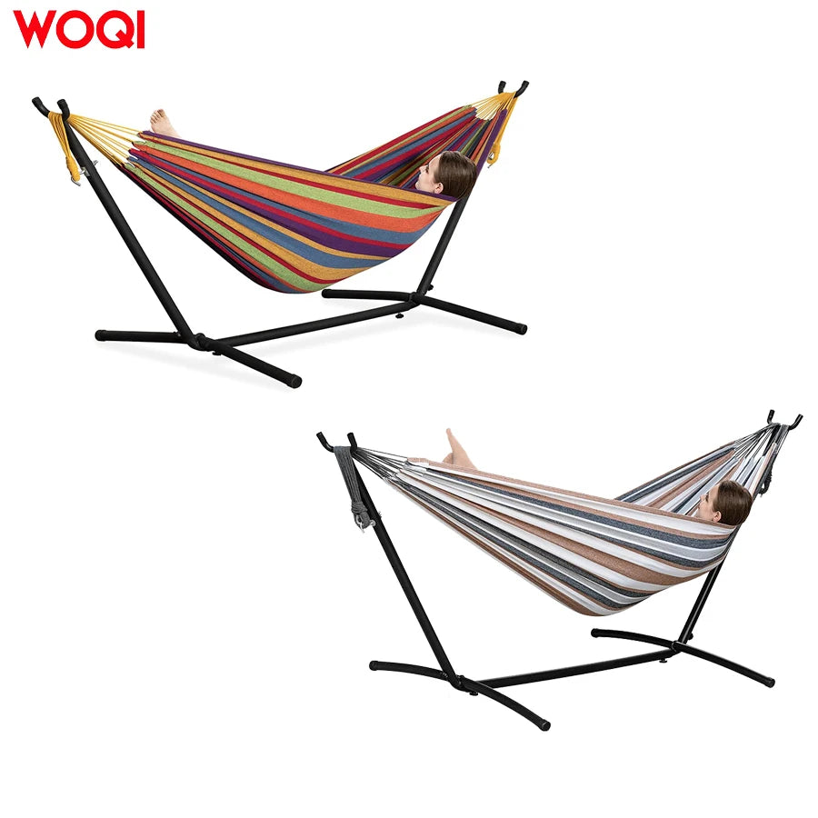 WOQI Double Hammock with Bracket 2-person Heavy-duty Outdoor Garden Yard Standing Hammock and Portable Handbag