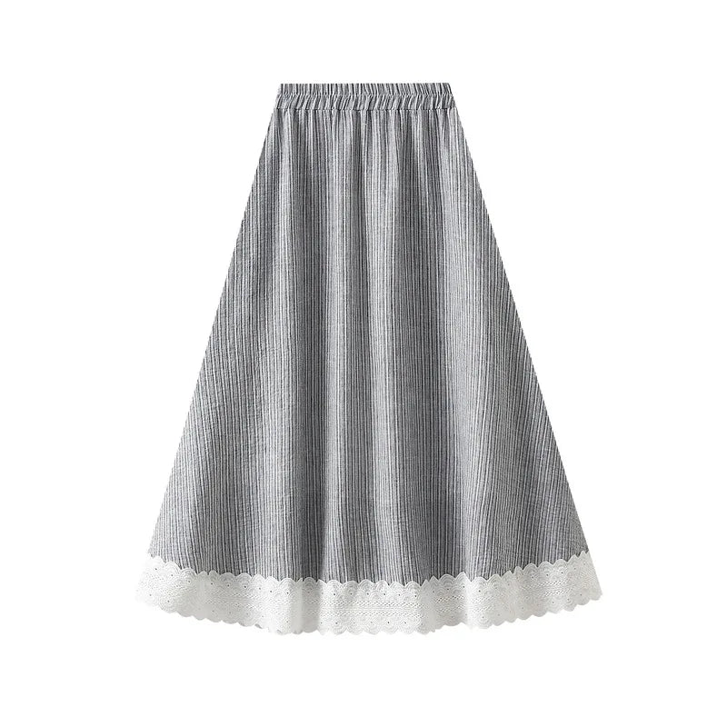 Plaid Women's Skirt Korean Style Empire Casual Elastic Waist Mid-Calf Lace A-line Eco-Friendly 2025 Spring Summer