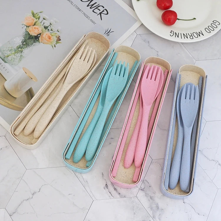 Hot Selling Tableware Portable Box Wheat Fiber Knife Fork Spoon Reusable Wheat Straw Cutlery Set Flatware