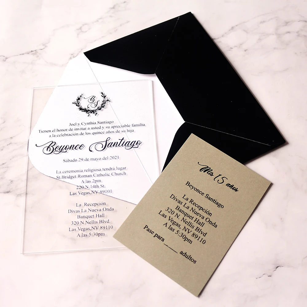 Elegant Black Foil Transparent Acrylic RSVP Cards Wedding Invitation Velvet Envelope Clear Acrylic Elegant Design Made Paper