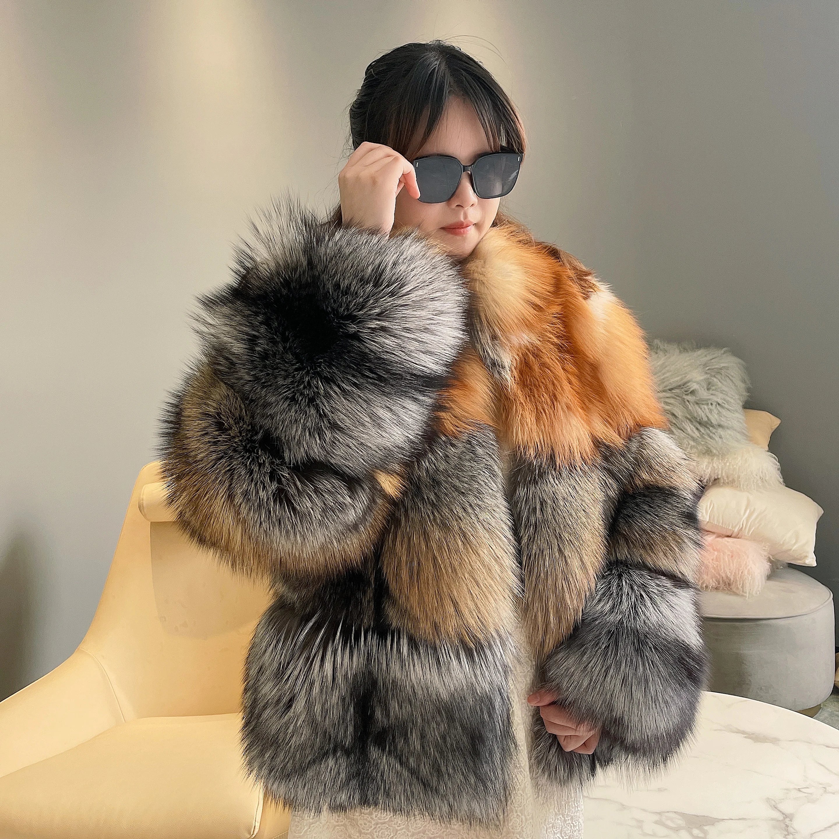 Winter Fashion Lady Real Fur Coat Luxury Silver Fox Fur on the Bottom Natural Red Fox Fur Coats