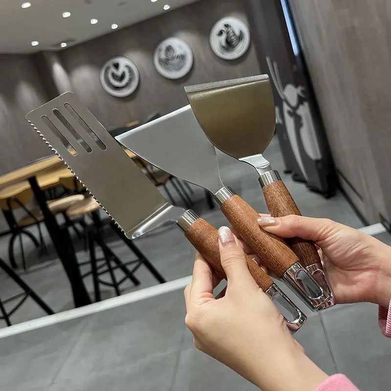 Stainless Steel Flat Head Frying Spatula Steak Cooking Spatula Wooden Handle Kitchen Flat Grill Spatula Baking Tools