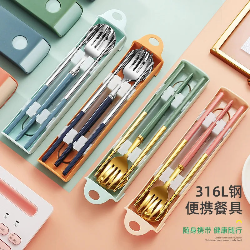 Korean Style Luxury Stainless Steel 316 Portable Cutlery Set Metal Fork Spoon Chopsticks Travel Picnic Cutlery Silver Ware