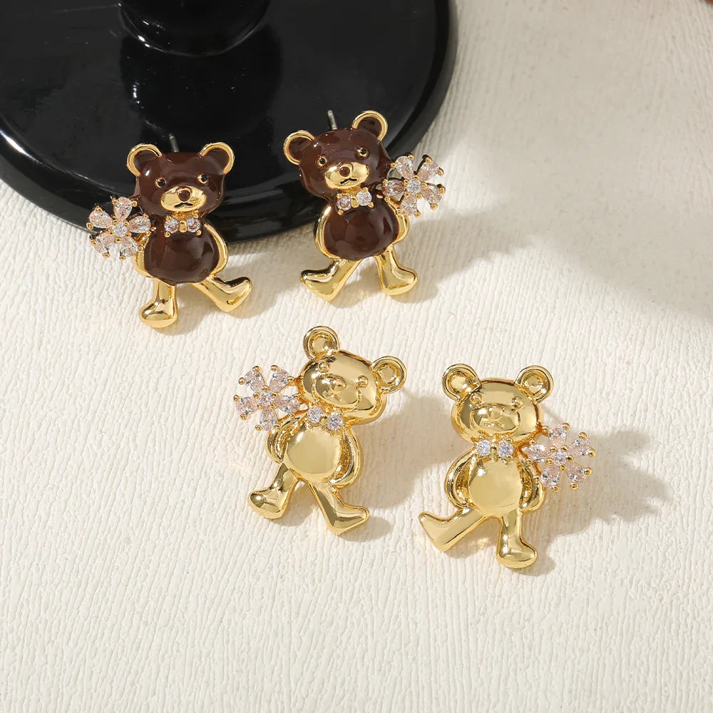 Shescity Best Selling Trendy Oil Dripping Bear Designer Stud Earring Gold Plated Brass Earrings Women Jewelry for Gifts