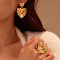 Non-Tarnish Stainless Steel Two-Tone Heart Drop Earring Ring Jewelry Set 18K Gold Plating Exaggerated Heart Stud Style